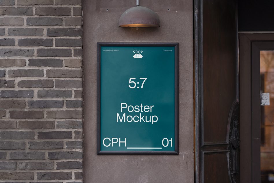 Poster mockup displayed outdoor on a wall with elegant lamp overhead suitable for realistic branding graphics presentation